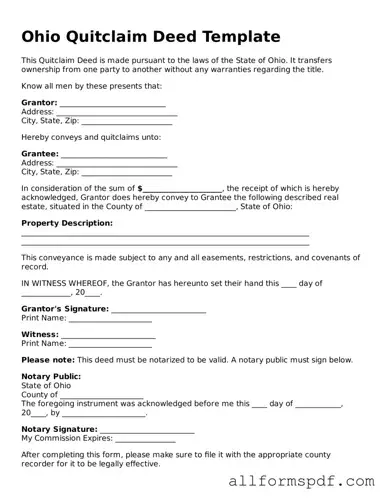 Fillable  Quitclaim Deed Form for Ohio