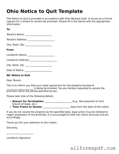 Fillable  Notice to Quit Form for Ohio