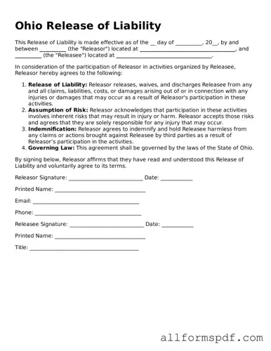 Fillable  Release of Liability Form for Ohio