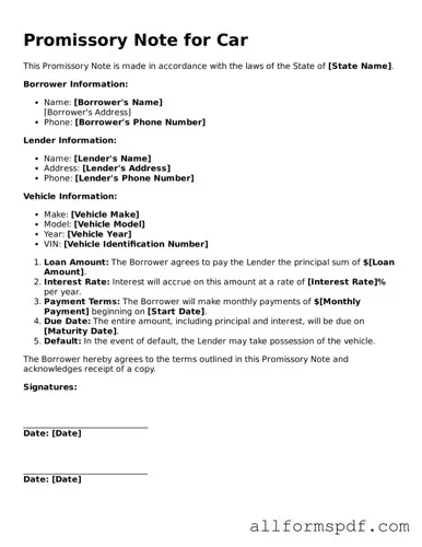 Printable Promissory Note for a Car Form