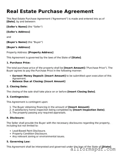 Printable Real Estate Purchase Agreement Form