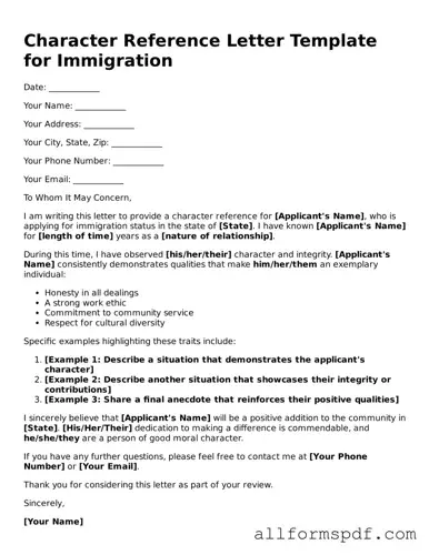 Printable Character Reference Letter for Immigration Form