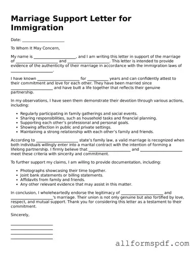 Printable Marriage Support Letter for Immigration Form