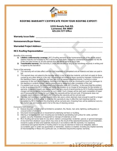 Fill Out Your Roofing Warranty Certificate Form