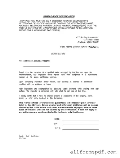 Fill Out Your Sample Roof Certification Form