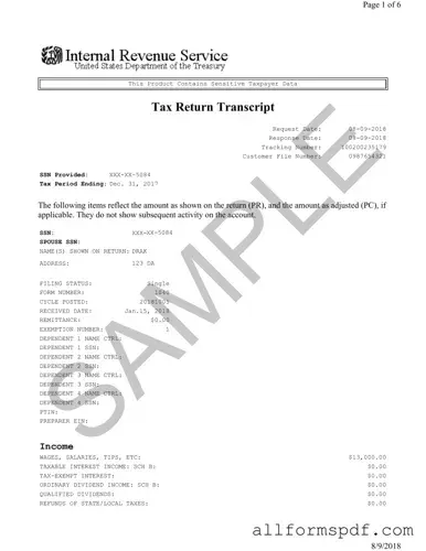 Fill Out Your Sample Tax Return Transcript Form