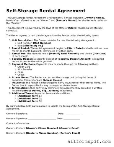 Printable Self-Storage Rental Agreement Form