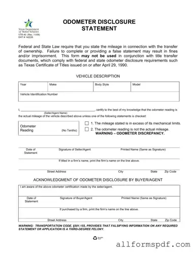 Fill Out Your Texas Odometer Statement Form