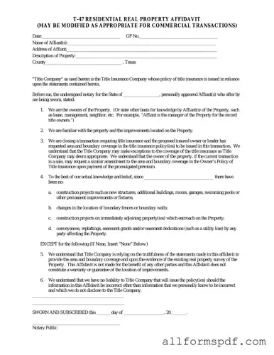 Fill Out Your Texas residential property affidavit T-47 Form