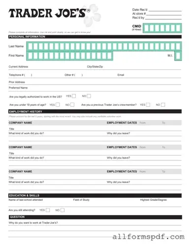 Fill Out Your Trader Joe's application Form