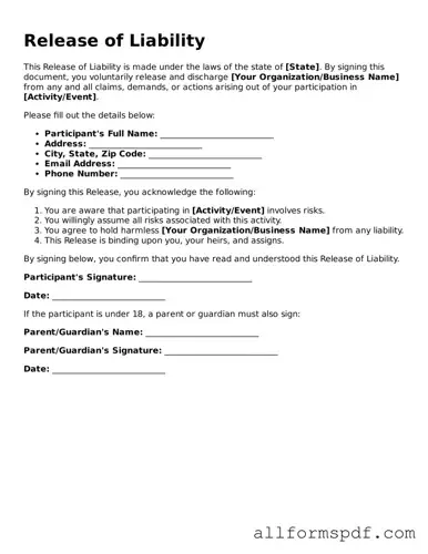 Printable Release of Liability Form