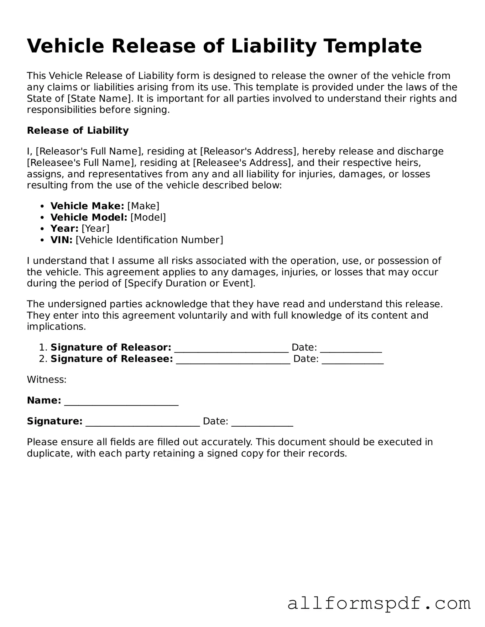 Printable Vehicle Release of Liability Form