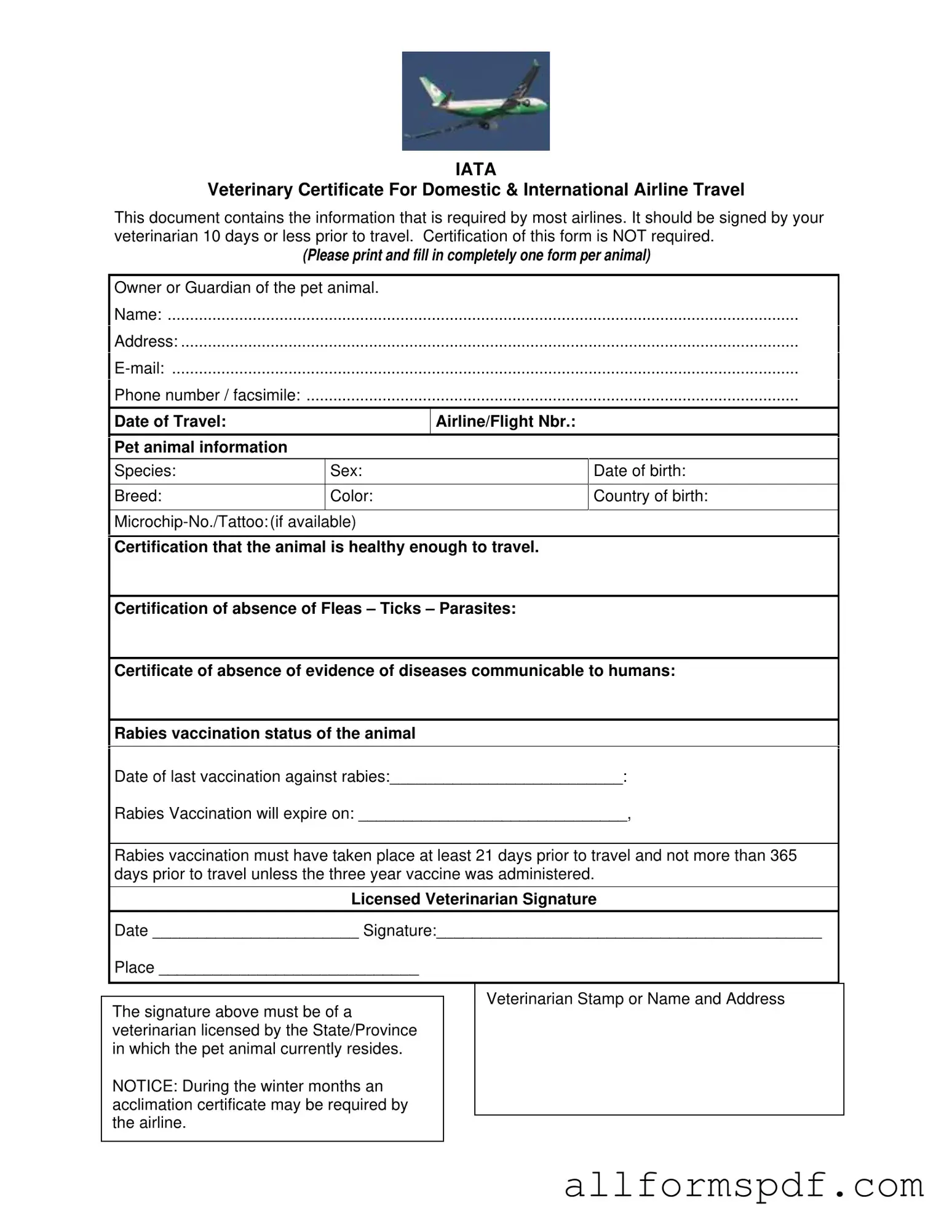 Fill Out Your Veterinary Certificate Travel Form