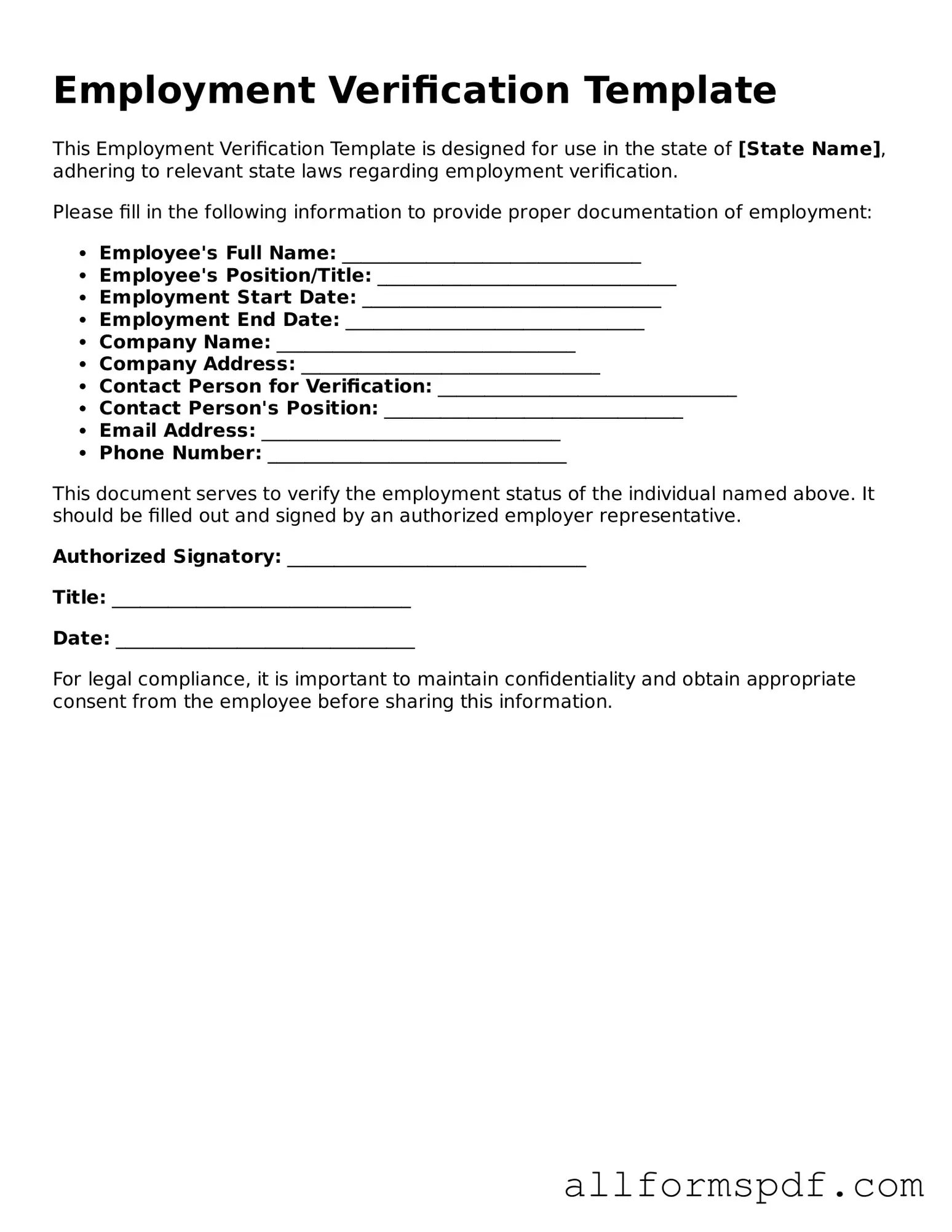 Printable Employment Verification Form